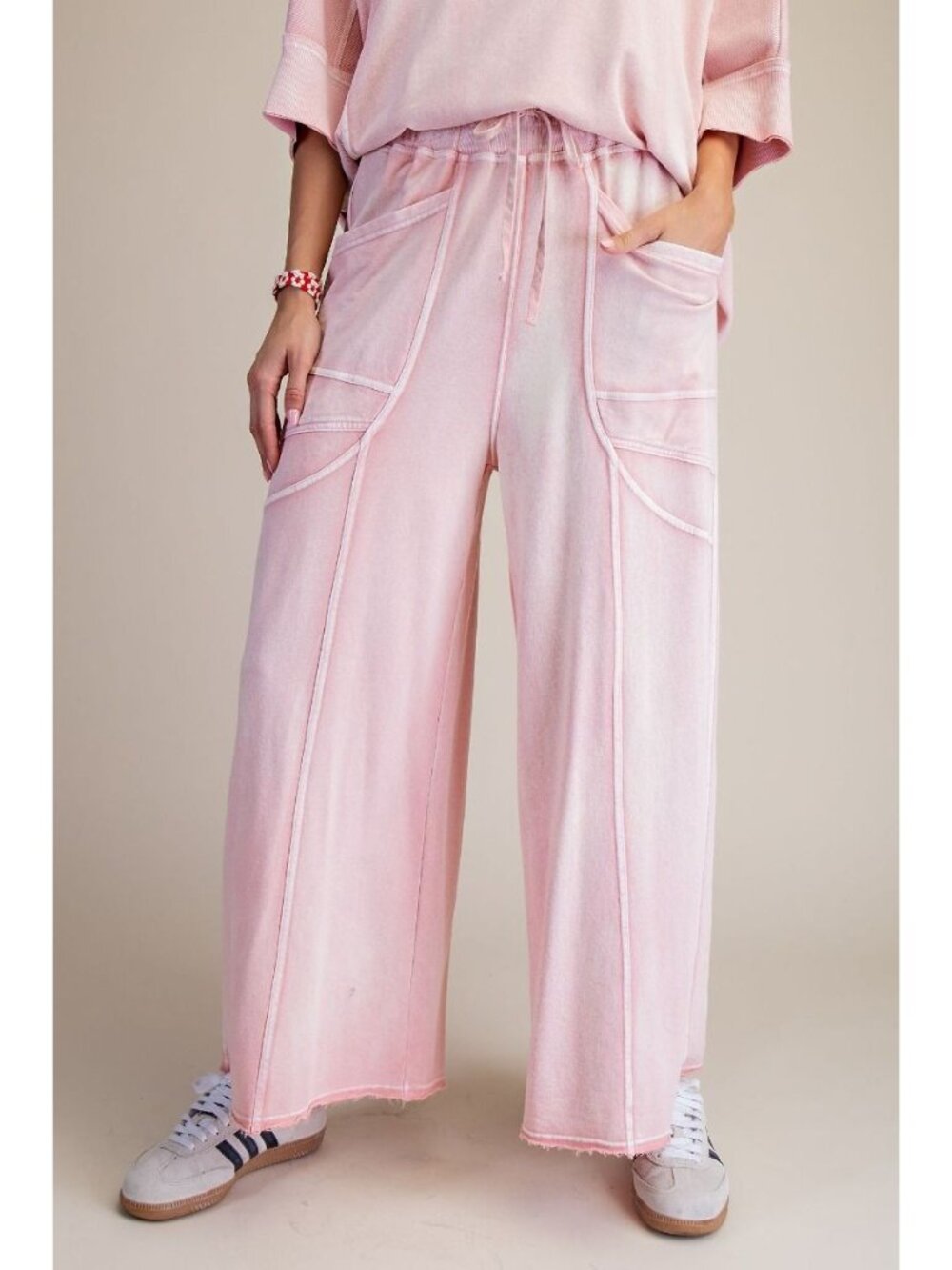 Easel Everyday Exposed Seam Wide Leg Lounge Pants in Blush Pink - Picture 2 of 5